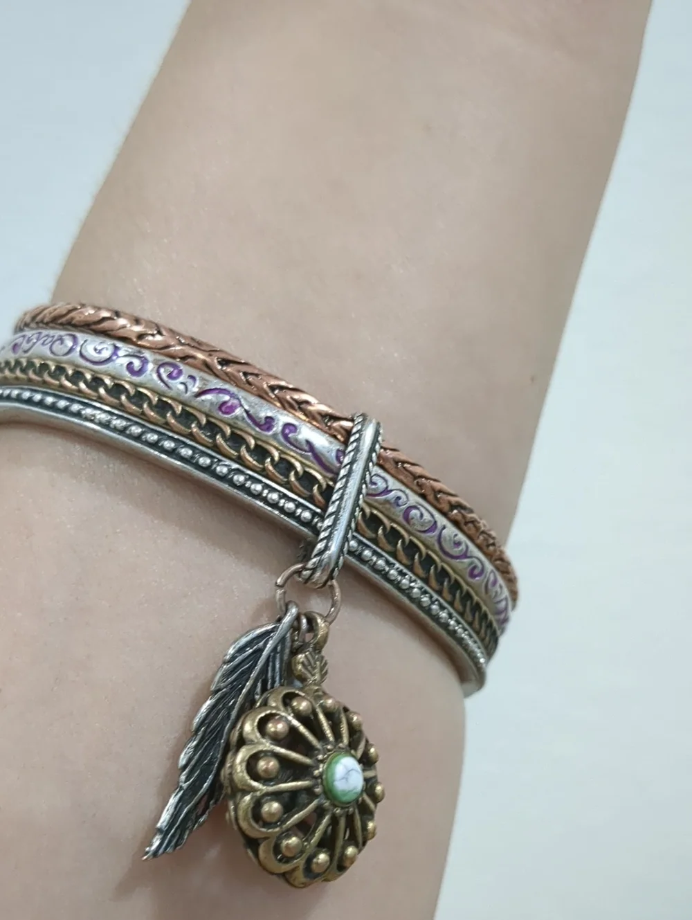LUCKY BRAND Mixed Metal Floral Charm Bangle Set - Gold & Silver